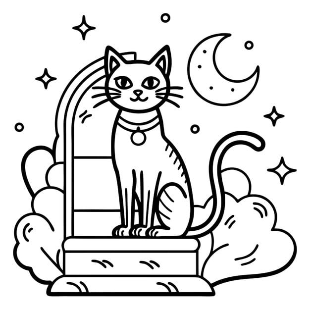 black cat sitting tombstone cloudy moonlit sky vector illustration line art 969863 364414