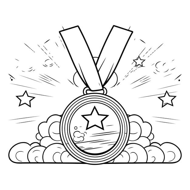 black white cartoon illustration medal with stars around it 1057 189946