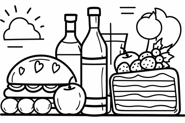 black white line art featuring variety food items including bread bottles fruits sand 29120 9438