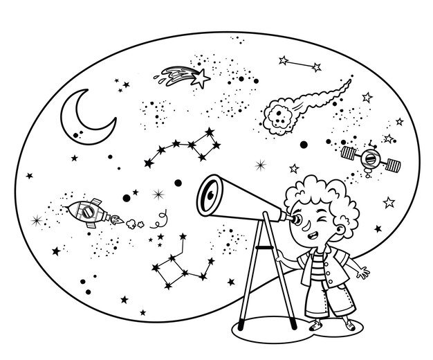 black white science loving kid observes space isolated vector illustration 491934 559