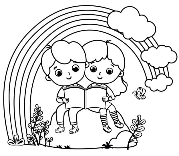 black white vector illustration children sitting rainbow reading book 491934 1100