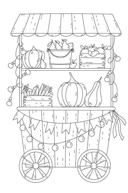 coloring page adults children features cart selling autumn vegetables pumpkin corn pears 156881 14233