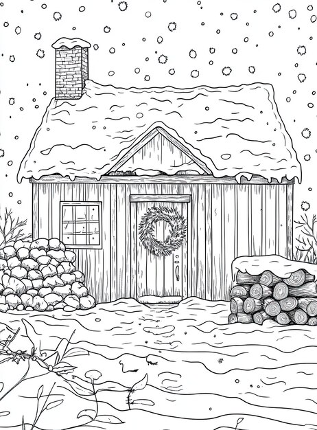 coloring page farmhouse covered snow with wreath door woodpile stacked nearby 1260208 4553