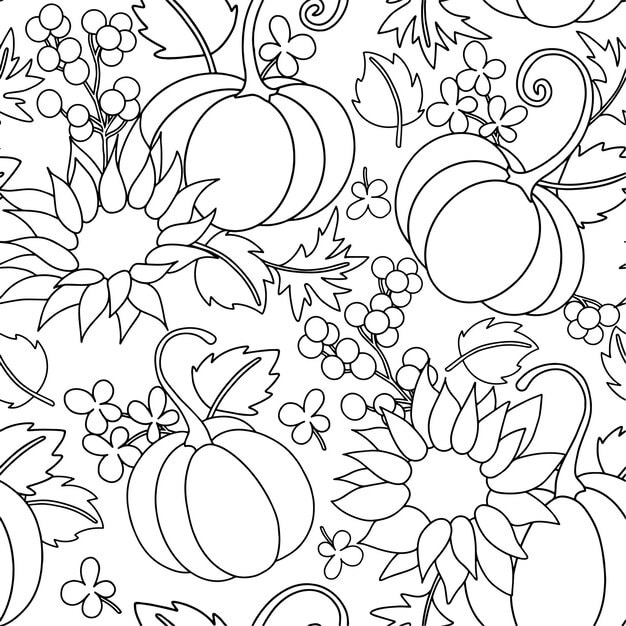 coloring seamless pattern with harvest with pumpkins sunflower flowers vintage style 252097 6989