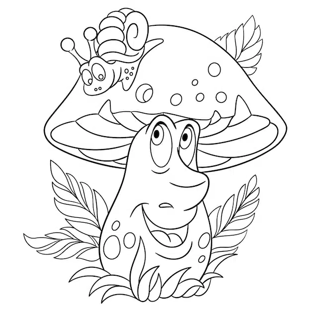 cute boletus mushroom snail cartoon funny food emoji face kids coloring page 727710 494