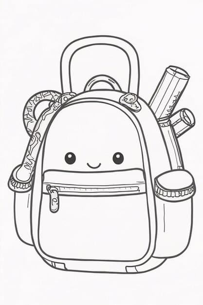 cute happy backpack stationery line art hand drawn kawaii kids coloring book illustration 1003829 296163