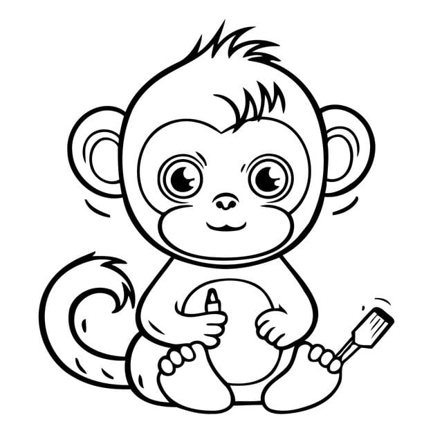 cute monkey with spoon fork funny cartoon vector illustration 1151 129187