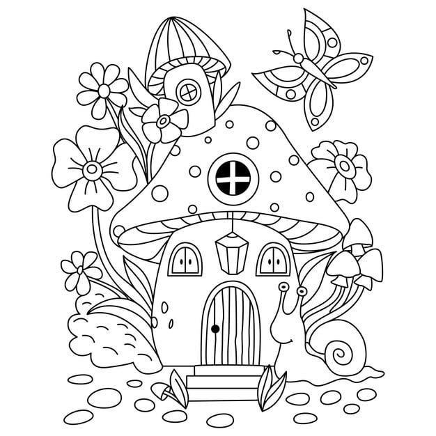 cute mushroom house with flowers decoration snell butterfly outline artwork coloring pages 708456 182