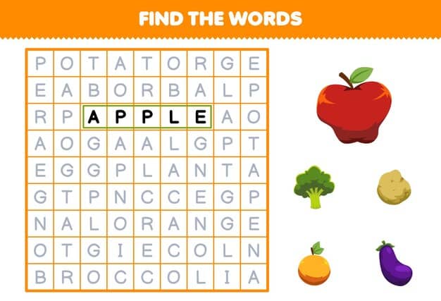 education game children find words cute cartoon apple potato eggplant orange broccoli printable fruit vegetable worksheet 229688 12529