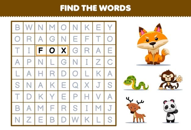 education game children find words cute cartoon fox snake monkey deer panda printable animal worksheet 229688 11762