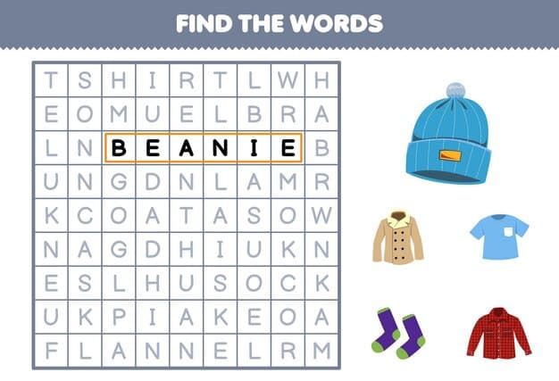 education game children find words cute cartoon t shirt beanie hat coat sock flannel printable wearable clothes worksheet 229688 12527