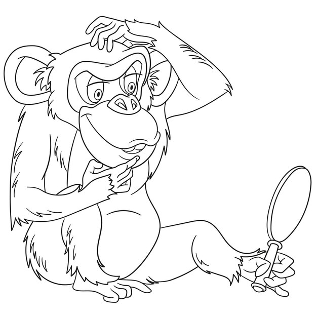 funny chimpanzee with hand glass cartoon coloring book page kids 727710 57