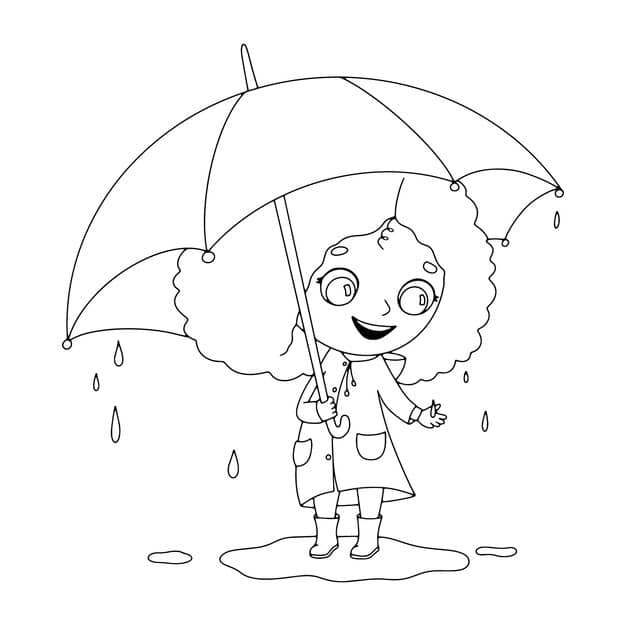 funny little cartoon girl with umbrella stands puddle rain smiles vector illustration children isolated white outline drawing child coloring book 439591 1027