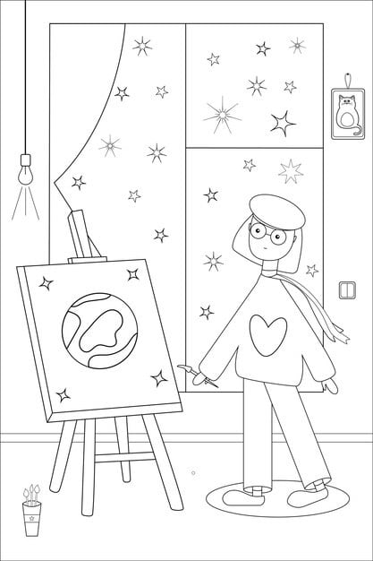 girl artist paints planet canvas childrens coloring book 1106981 747