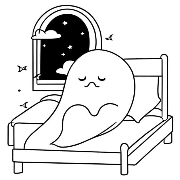 good night cute ghost sleeping bed with moon outside window vector illustration line art 969863 106605