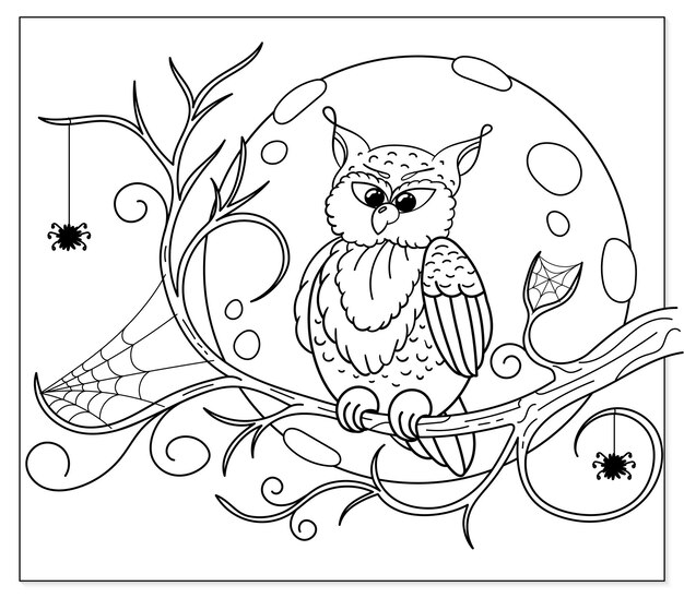 halloween coloring page with owl sitting tree branch full moon night vector illustration 724547 100