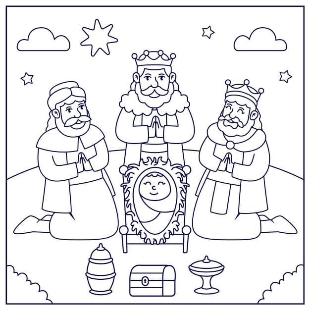 hand drawn coloring page illustration reyes magos 23 2151031816