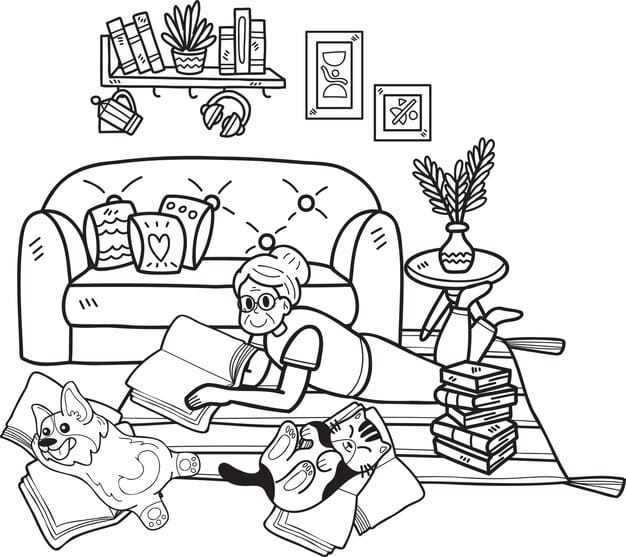 hand drawn elderly reading books with dogs cats illustration doodle style 1375 10239