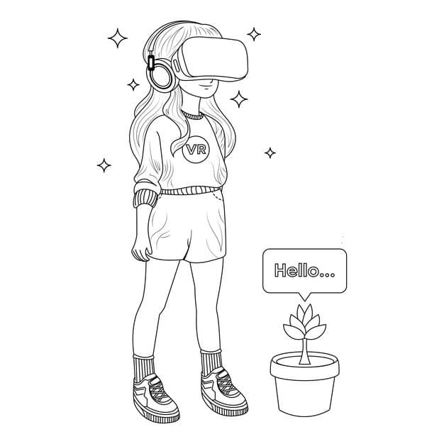 hand drawn girl using virtual reality coloring book illustration 695646 911