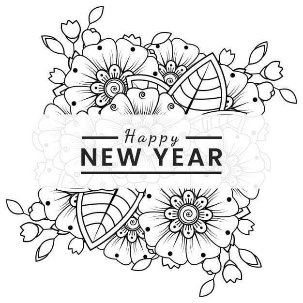 happy new year with mehndi flower doodle ornament outline hand draw coloring book page 187069 6884