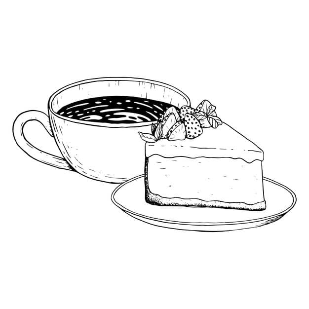 hot coffee cup with cappuccino strawberry cheesecake dessert vector black white illustration 714656 1534