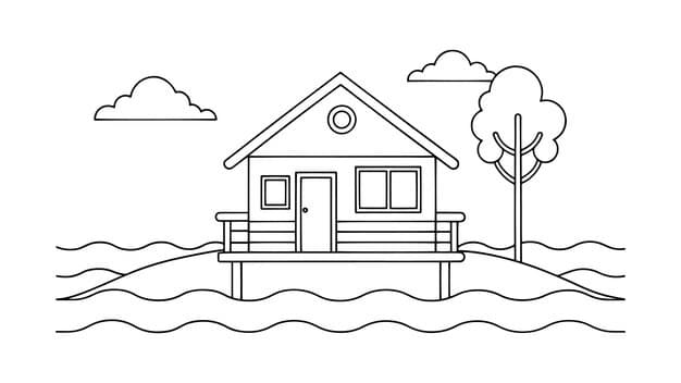 house situated pier water complemented by trees that enhance natural beauty line art flat vector illustration 674398 7029