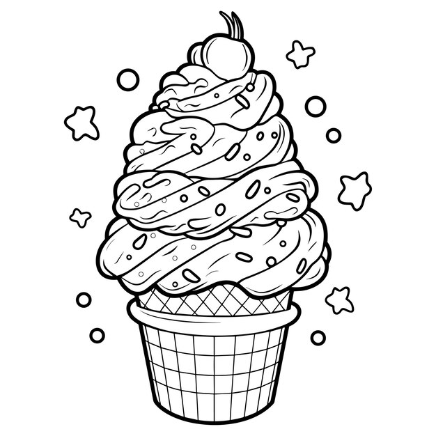 ice cream cone black white line art icon coloring book page adults kids summer fast food vector illustration gift card flyer certificate banner icon logo patch sticker 919294 764