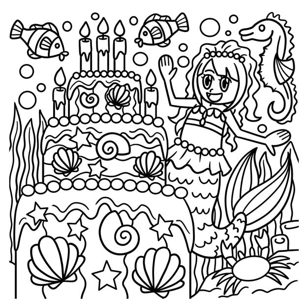 mermaid with birthday cake coloring page 576561 2351