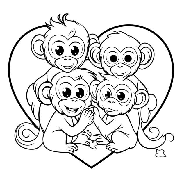 monkey family with heart black white cartoon illustration vector 1142 78960