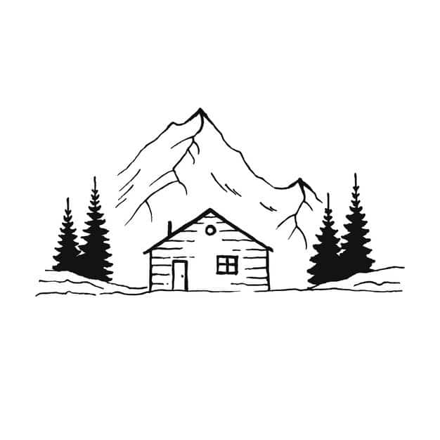 mountain with pine trees country house landscape black white background hand drawn rocky peaks sketch style vector illustration 531380 78