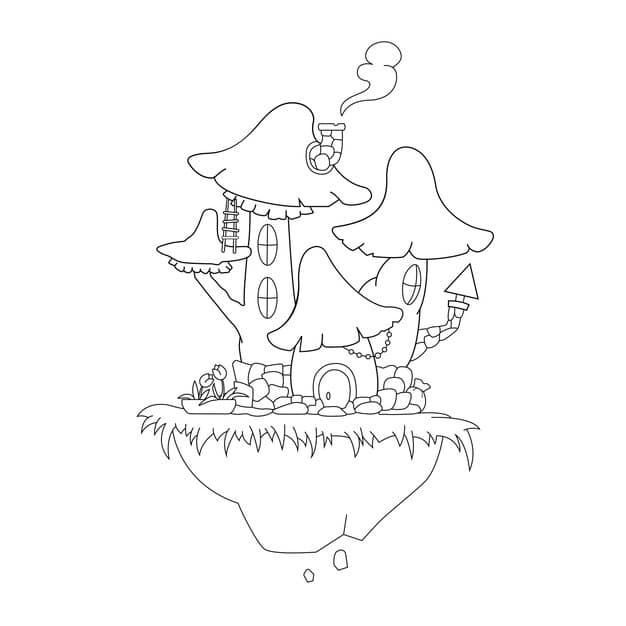 mushroom house coloring page flying magic island vector coloring illustration 539296 269