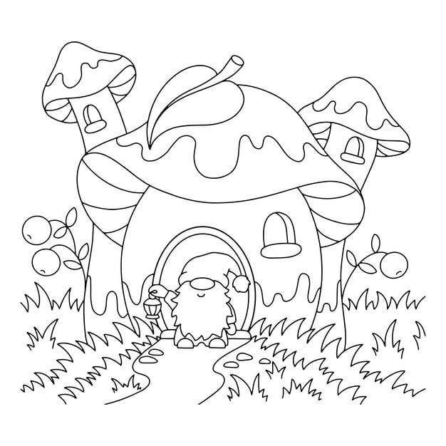 mushroom house garden gnome coloring book page kids 78007 7676