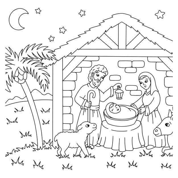 nativity scene coloring book page kids cartoon style character 78007 8963