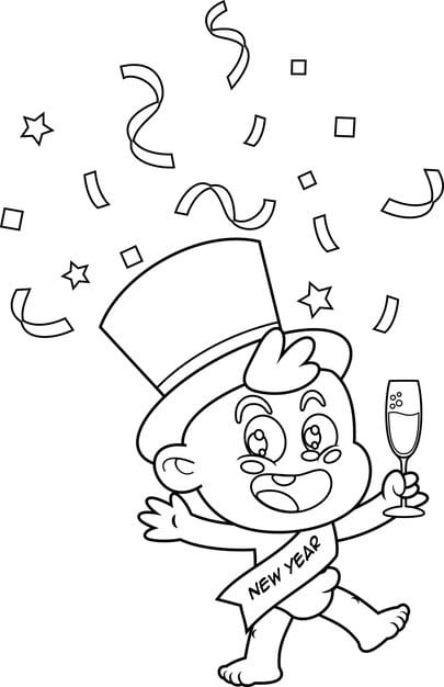 outlined cute new year baby cartoon character with glass champagne ribbon 20412 3768