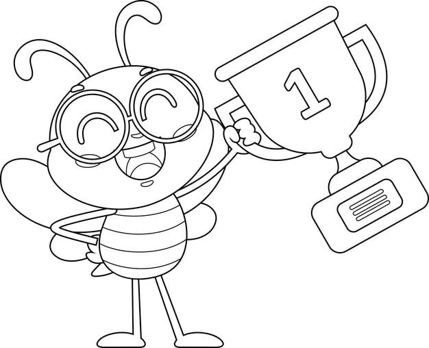 outlined cute school bee cartoon character holding cup trophy 20412 5007