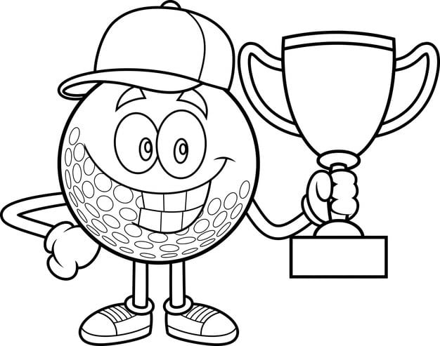 outlined smiling golf ball cartoon character holding gold cup trophy 20412 5380