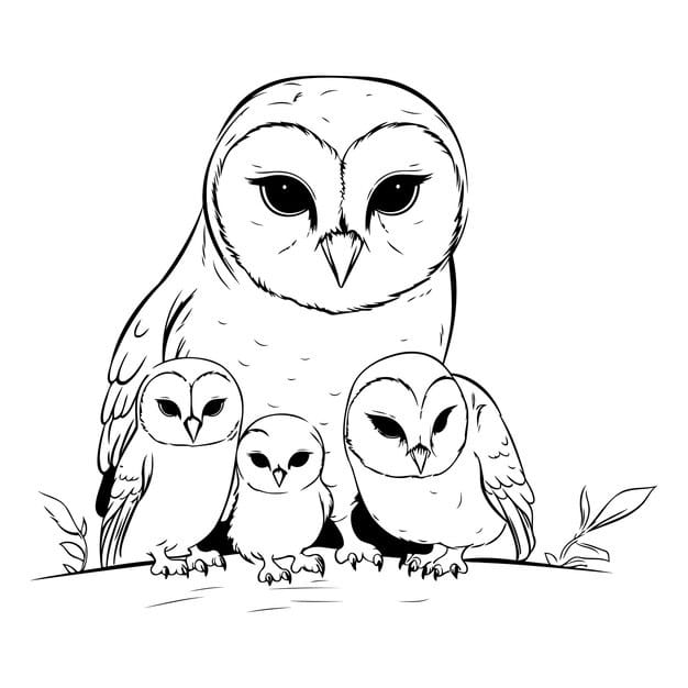 owl family mother father children black white vector illustration 1057 90160