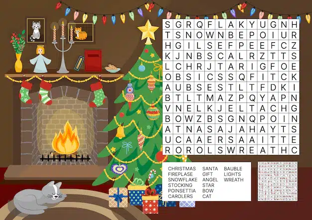 sross words christmas fireplace word search game puzzle kids christmas atmosphere vector 419256 1247