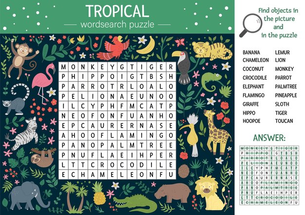 summer wordsearch puzzle kids keyword with tropical animals birds children educational jungle crossword activity with cute funny characters 150240 961