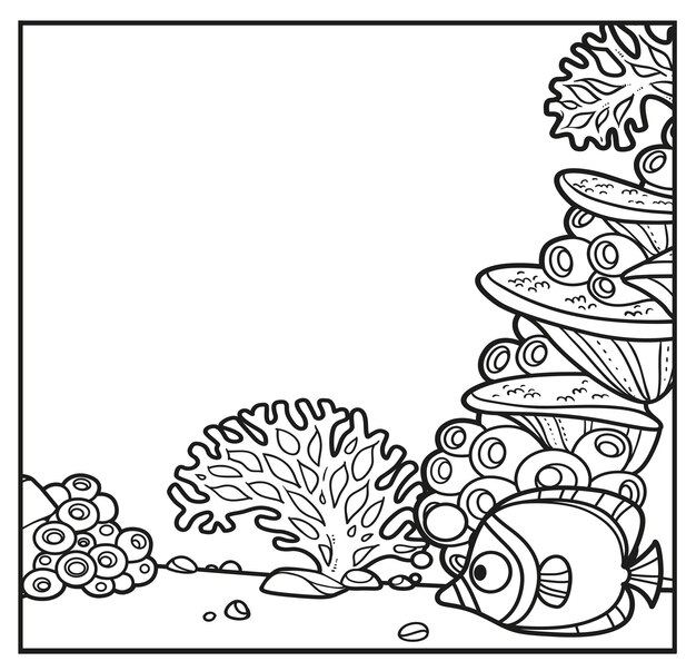 underwater world simple square background with fish stones corals algae linear drawing coloring white 555467 2621