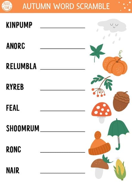 vector autumn word scramble activity page english language game with cute pumpkin mushroom umbrella kids fall season family quiz simple educational printable worksheetxa 150240 3126