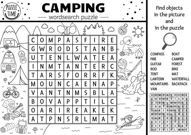 vector black white camping wordsearch puzzle simple forest summer camp outline crossword coloring page educational keyword activity with kids fishing hiking playing guitar xa 150240 2818