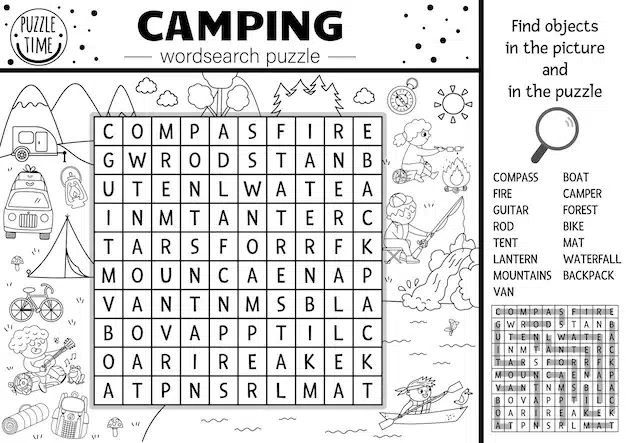 vector black white camping wordsearch puzzle simple forest summer camp outline crossword coloring page educational keyword activity with kids fishing hiking playing guitar xa 150240 2818