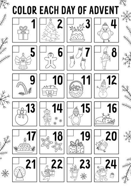 vector black white christmas advent calendar with traditional holiday symbols cute winter planner kids festive poster coloring page design with santa claus fir tree deer present 150240 1547