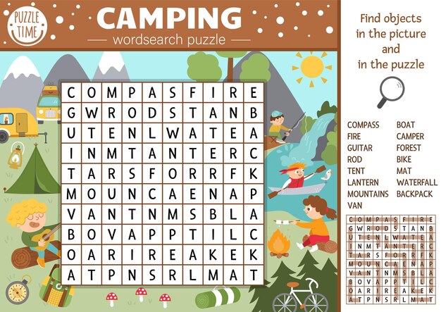 vector camping wordsearch puzzle kids simple summer camp crossword with forest scene children educational keyword activity with kids fishing hiking playing guitar xa 150240 2640