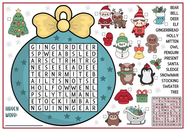 vector christmas ball shaped word search puzzle kids winter holiday quiz children educational activity with kawaii symbols cute new year english language cross word with santa claus 150240 5377