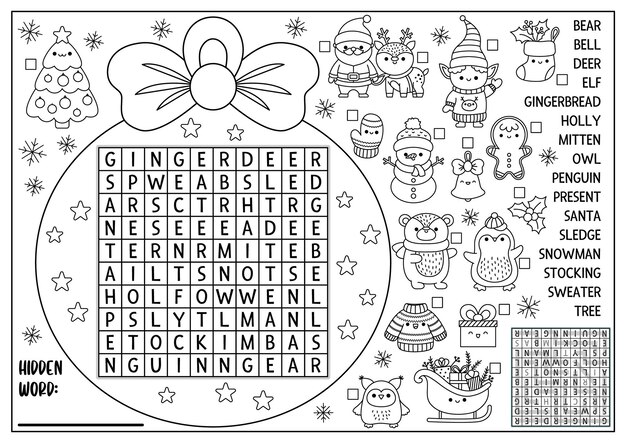 vector christmas black white ball shaped word search puzzle kids winter 150240 5388