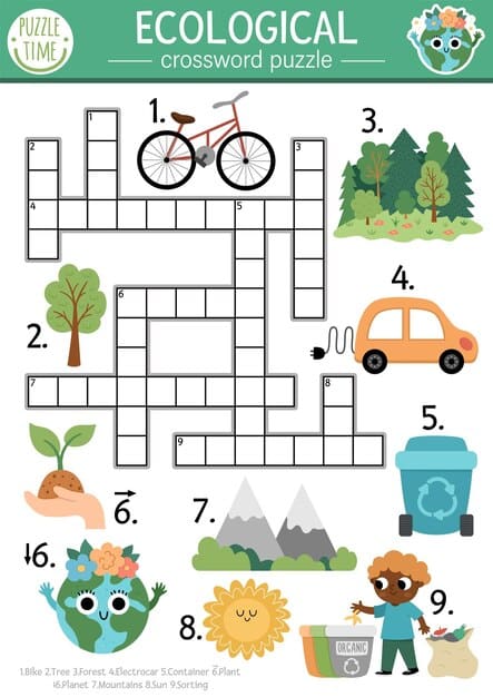 vector ecological crossword puzzle kids simple earth day quiz with eco city landscape children eco awareness educational activity cute cross word with forest planet plantsxa 150240 4866