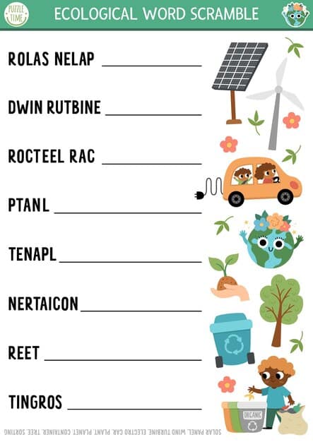 vector ecological word scramble activity page english language game with traditional eco symbols kids eco awareness quiz environment friendly educational printable worksheetxa 150240 4885