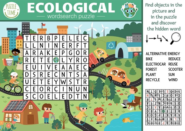 vector ecological wordsearch puzzle kids earth day word search quiz with eco city landscape eco awareness educational activity cross word with environment friendly scenexa 150240 4865